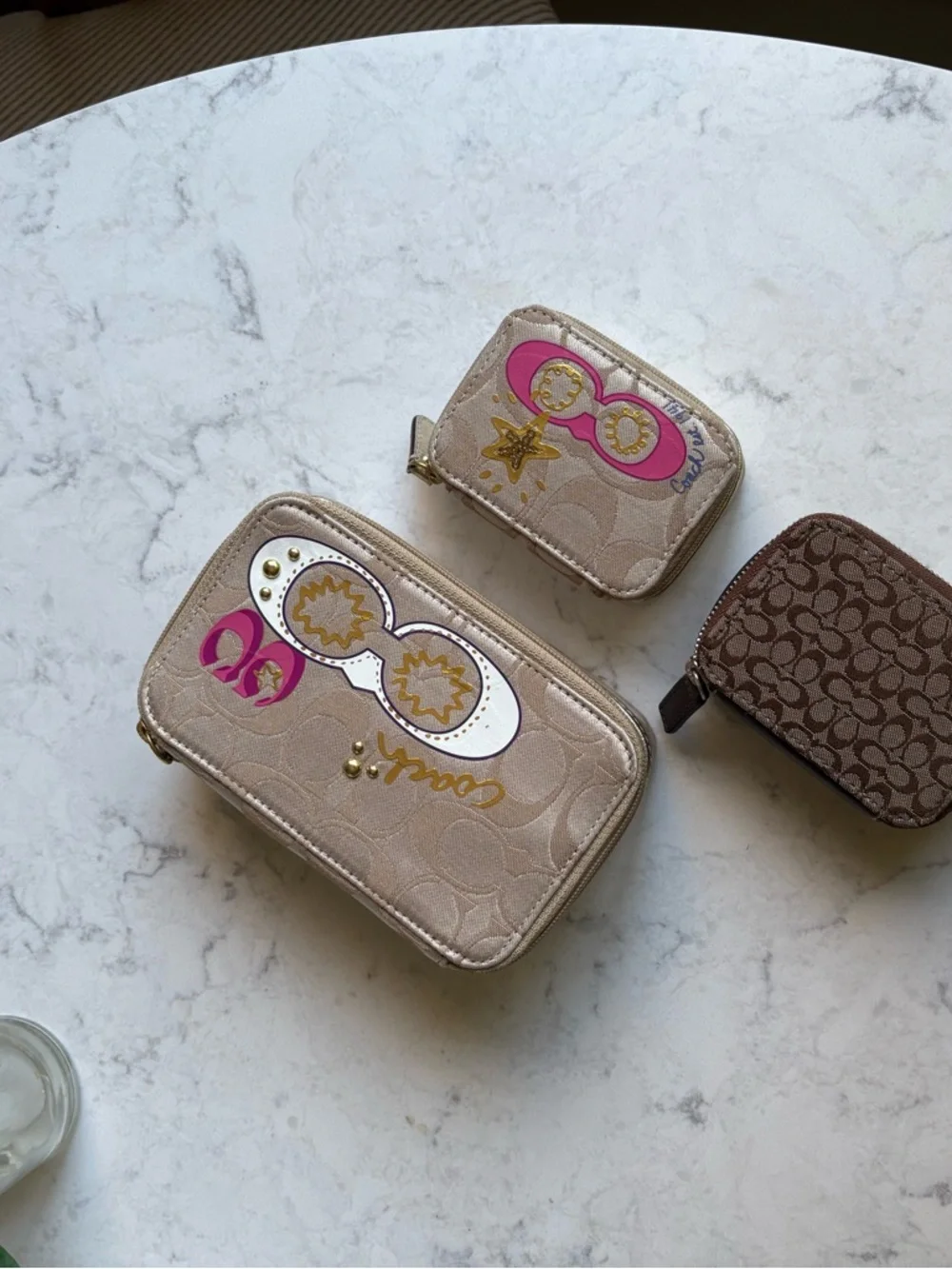 Coach Beige & Brown Signature Accessory Set with Pink Accent LOT Cases only